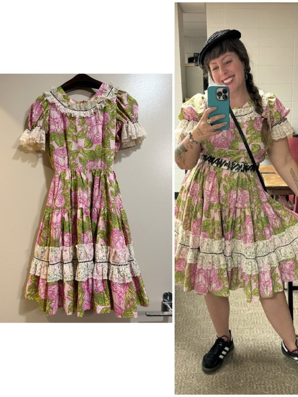 Vintage 70s Donnell's of Denver Floral Square Dance Fit Flare Lace Dress